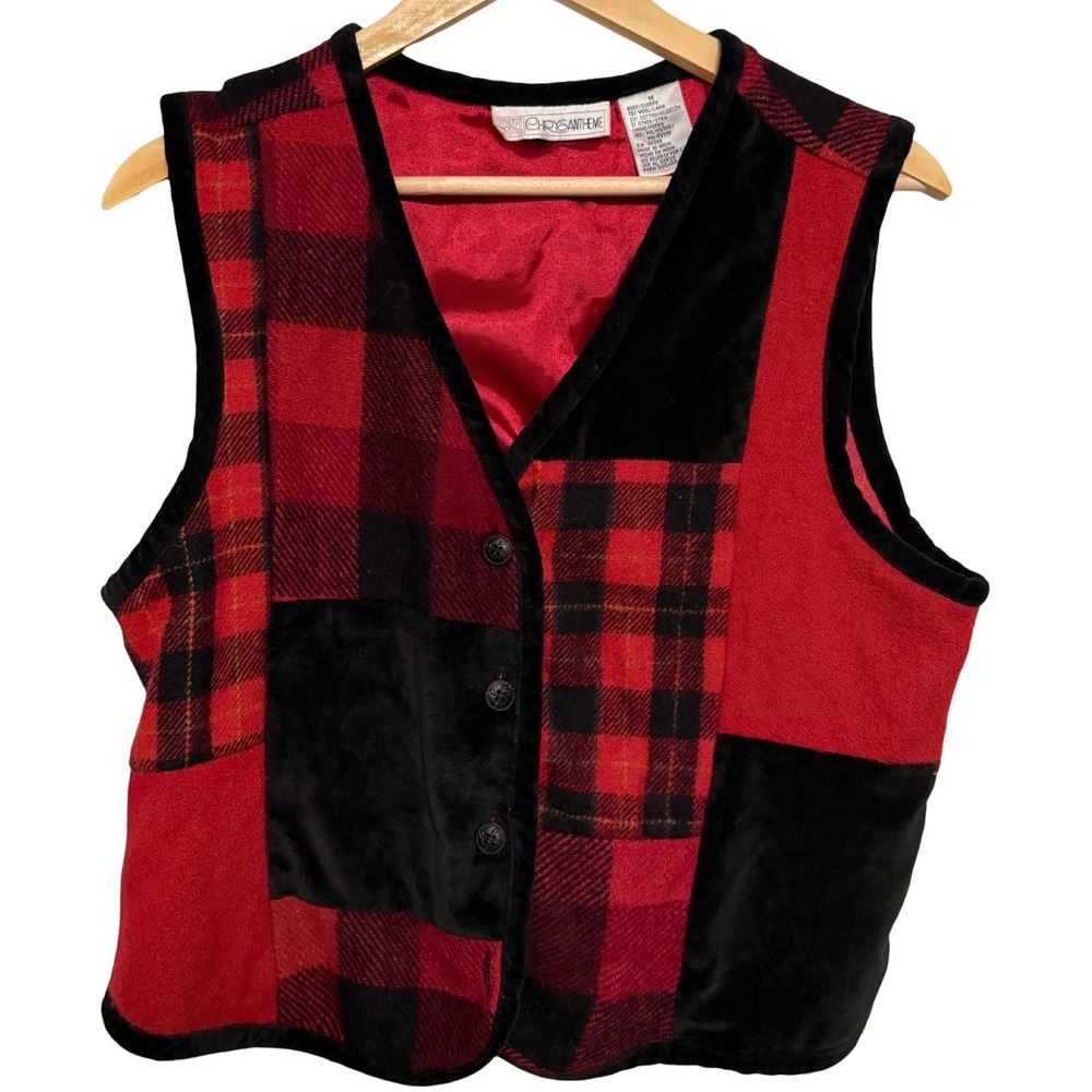 Chrysantheme Patchwork Vest M Red Wool Woven Buffalo Plaid Cabincore Holiday